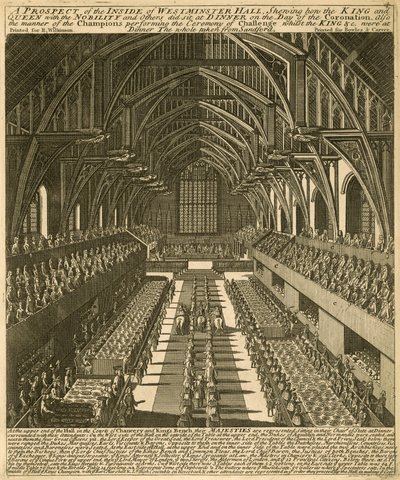 En utsikt över insidan av Westminster Hall som visar hur kungen och drottningen, med adeln och andra, satt vid middagen på kröningsdagen av English School