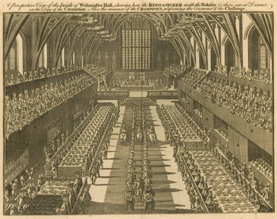 En utsikt över insidan av Westminster Hall som visar hur kungen och drottningen, med adeln och andra, satt vid middagen på kröningsdagen av English School