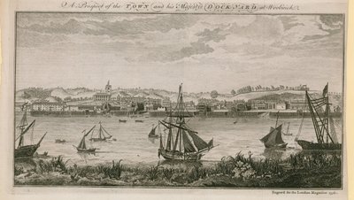 En utsikt över staden och HIs Majestys varv i Woolwich av English School
