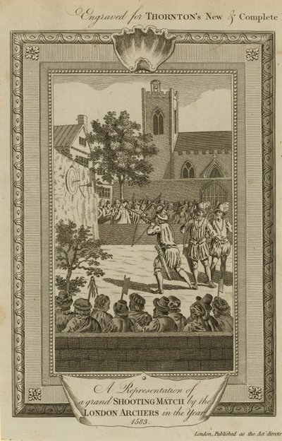 En representation av en storslagen skjutmatch av Londons bågskyttar år 1583 av English School