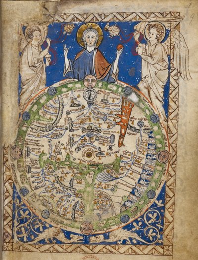 En rund karta över världen, inställd i en fyrkantig prydnadsram, Jerusalem i centrum, med en zon av vindar, invånarfigurer, etc. av English School