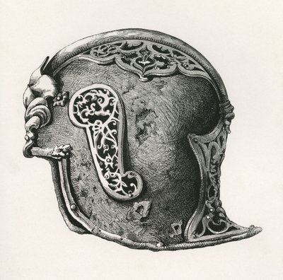 En sallet, aka salade eller schaller krigshjälm, A.D. 1450, från The British Army: Its Origins, Progress and Equipment, publicerad 1868. av English School