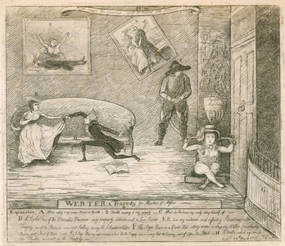 En scen ur F Reynolds burlesk Werter, först uppfördes på Covent Garden Theatre, London, den 14 mars 1786 av English School