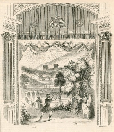 En scen ur pjäsen King Arthur, Drury Lane Theatre, London av English School