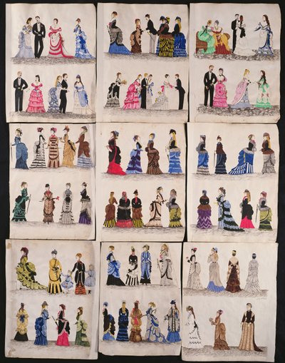 Ett urval av viktorianskt mode, inklusive balsal och promenadklänningar, ca 1876 (wc på papper) av English School