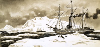 Ett skepp ångar mellan Arktis glaciärer av English School