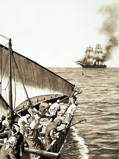 Ett ångfartyg vid horisonten, en arabisk dhow i förgrunden av English School