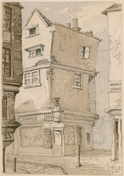 Ett gathörn i Cloth Fair, Smithfield, London, akvarellskiss, 1881 (wc på papper) av English School