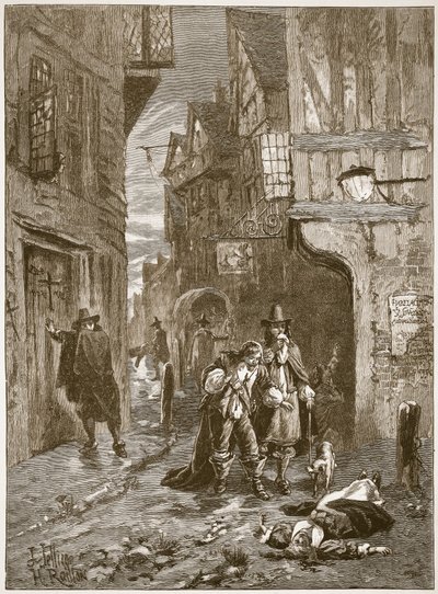 En gata i London under den stora pesten, illustration från Cassells Illustrated History of England (sepiafoto) av English School