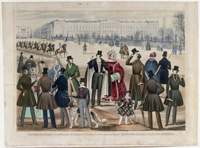 En vy i Regents Park, London, som visar vintermode 1840 och 1841, publicerad av B.Read & Co, 1840 (akvatint på papper) av English School