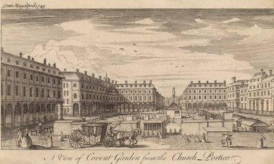 En vy av Covent Garden, London, från kyrkans portik av English School