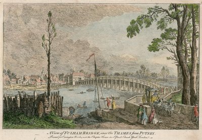 En vy av Fulham Bridge, London, över Themsen från Putney av English School
