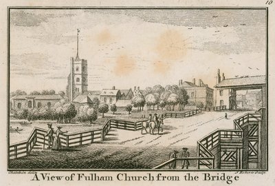 En vy av Fulham Church, London, från Fulham Bridge av English School