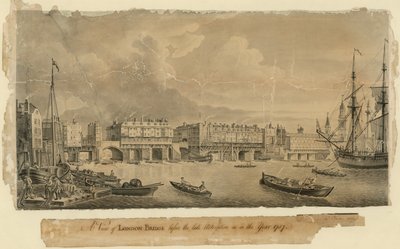 En vy över London Bridge före den sena ändringen som år 1757 av English School