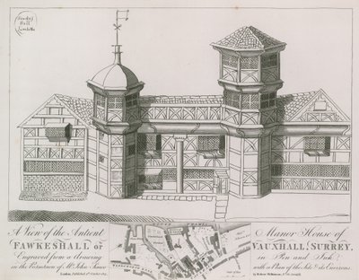 En vy av Antient Manor House of Fawkeshall eller Vauxhall av English School