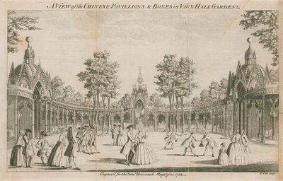 En vy av de kinesiska paviljongerna och lådorna i Vauxhall Gardens, London av English School