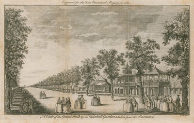 En vy av Grand Walk i Vauxhall Gardens, London, tagen från entrén av English School