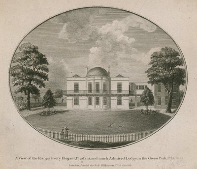 Eine Ansicht der sehr eleganten, angenehmen und viel bewunderten Lodge des Rangers im Green Park, St. James von English School