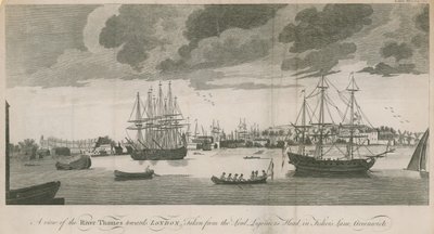 En vy över Themsen mot London, tagen från Lord Ligoniers Head i Fishers Lane, Greenwich av English School