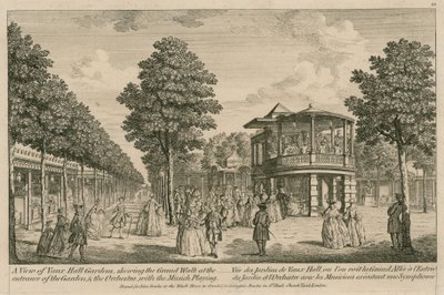 En vy av Vauxhall Gardens, London, som visar den stora promenaden vid ingången till trädgården och orkestern med musiken spelad av English School