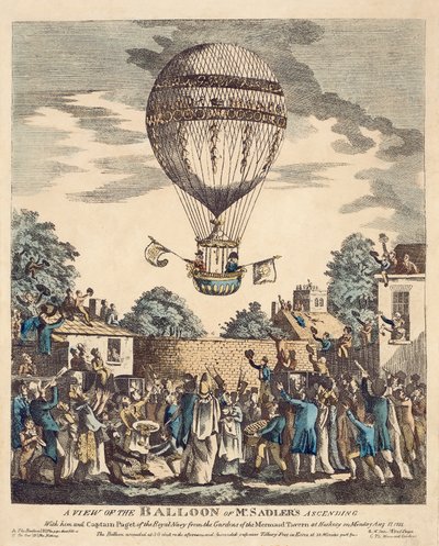 En vy över Mr Sadlers ballong som stiger upp med honom och kapten Paget från Royal Navy från trädgårdarna till Mermaid Tavern i Hackney måndagen den 12 augusti av English School