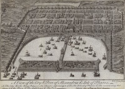 En vy över staden och hamnen i Alexandria och Isle of Pharos, Egypten, 1738 av English School