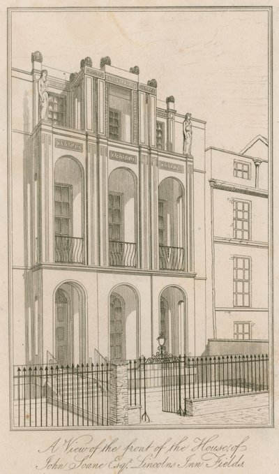 En vy av framsidan av huset till John Soane Esq, Lincolns Inn Fields, London av English School