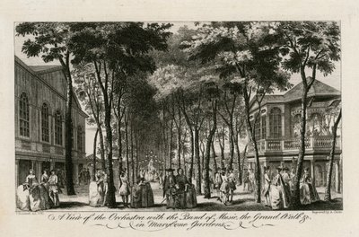 En vy av orkestern med musikbandet, Grand Walk etc i Marylebone Gardens av English School
