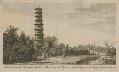 Utsikt över vildmarken med Alhambra, pagoden och moskén i de kungliga trädgårdarna i Kew av English School
