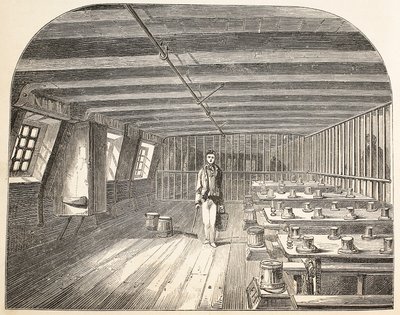 En avdelning ombord på Defense Hulk ordnade att de dömda återvände till middag, illustration från The Criminal Prisons of London och Scenes from Prison Life av Henry Mayhew och John Binny, pub. 18 av English School