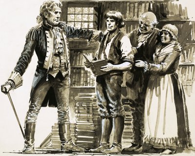 En rik granne ser Samuel Johnson arbeta i en bokhandel av English School