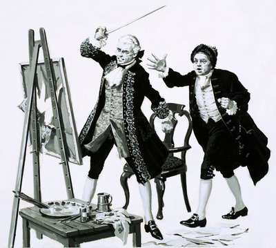 En ung man skar ett föga smickrande porträtt av sin far av Hogarth med ett svärd (gouache på papper) av English School