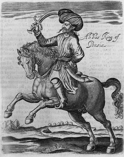 Abbas King of Persia, illustration från "Några år av resor till Afrika och Asien" av Sir Thomas Herbert, 1634 (gravyr) av English School
