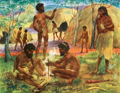 Aboriginer gör upp eld (färglitografi) av English School