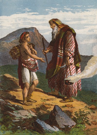 Abraham offrar Isak (färg litho) av English School
