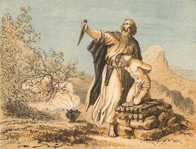 Abraham offrar Isak (färgad gravyr) av English School