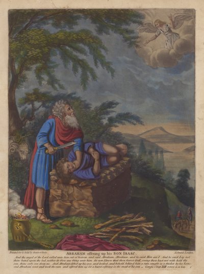 Abraham offrar sin son Isak (färglitografi) av English School