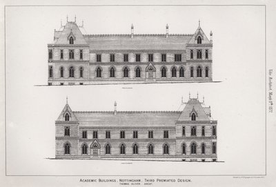 Akademiska byggnader, Nottingham, tredje premiärdesign (gravyr) av English School