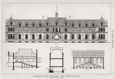 Akademiska byggnader, Nottingham, tredje premiärdesign (gravyr) av English School