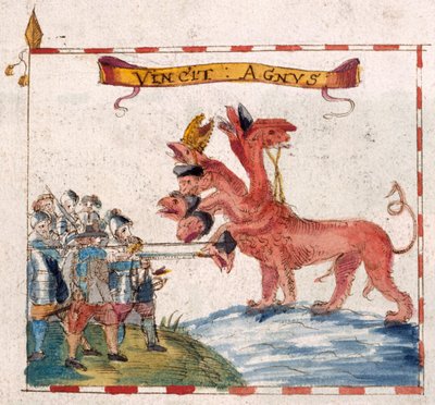 Lägg till. 12447, f.23v Parlamentariska soldater attackerar apokalypsens odjur, från 