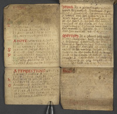Lägg till. 17367, f.10r från Almanacka, innehållande tabell med dominikabokstäver och gyllene siffror; vägbeskrivningar för att hitta de rörliga festmåltiderna; helgonkalender, epoker, lista över engelska suveräner, väderprognoser, inflytande av zodiakens  av English School