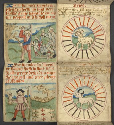 Lägg till. 17367, f.4r Aries & Oxen, från Almanacka, innehållande tabell med dominiska bokstäver och gyllene siffror; vägbeskrivningar för att hitta de rörliga festmåltiderna; helgonkalender, epoker, lista över engelska suveräner, väderprognoser, påverkan  av English School