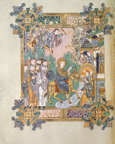 Lägg till 49598 f.45v Entry in Jerusalem, from Benedictional of St. Aethelwold, Winchester, c.980 (vellum) av English School