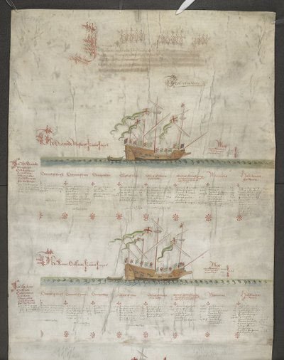 Lägg till MS 22047 f.1r, The galeass Grand Mistress och Anne Gallant, från "The Anthony Roll" av English School