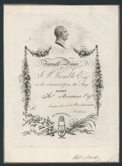 Entrébiljett till middag för att fira John Kembles farväl till scenen, 1819 av English School
