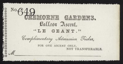 Inträdesbiljett till bestigningen av ballongen Le Geant från Cremorne Gardens, London av English School