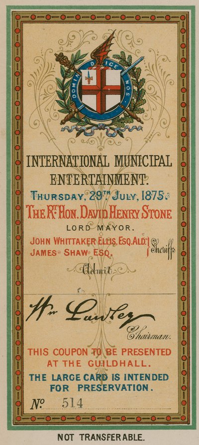 Inträdesbiljett till International Municipal Entertainment i Guildhall, London, den 29 juli 1875 av English School