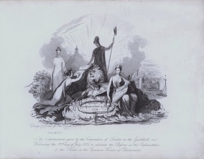 Inträdesbiljett till underhållning i Guildhall tillhandahålls av Corporation of the City of London för att fira antagandet av Great Reform Act från 1832 av House of Commons (etsning) av English School