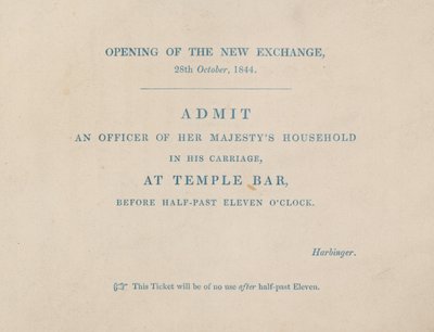 Entrébiljett till öppnandet av den nya Royal Exchange, London, den 29 oktober 1844 av English School