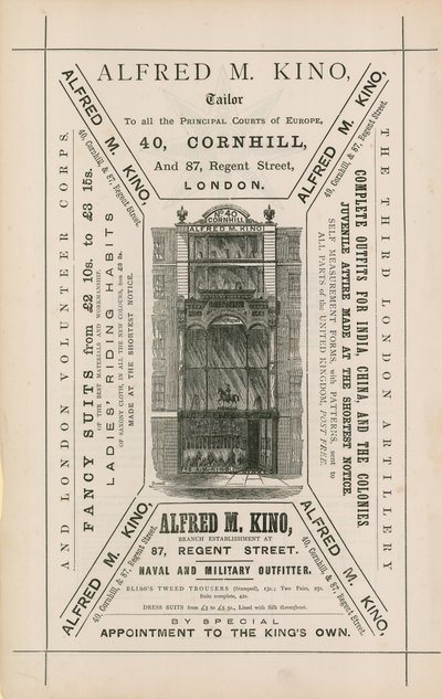 Annons för Alfred M Kino, skräddare, 40 Cornhill och 87 Regent Street, London av English School